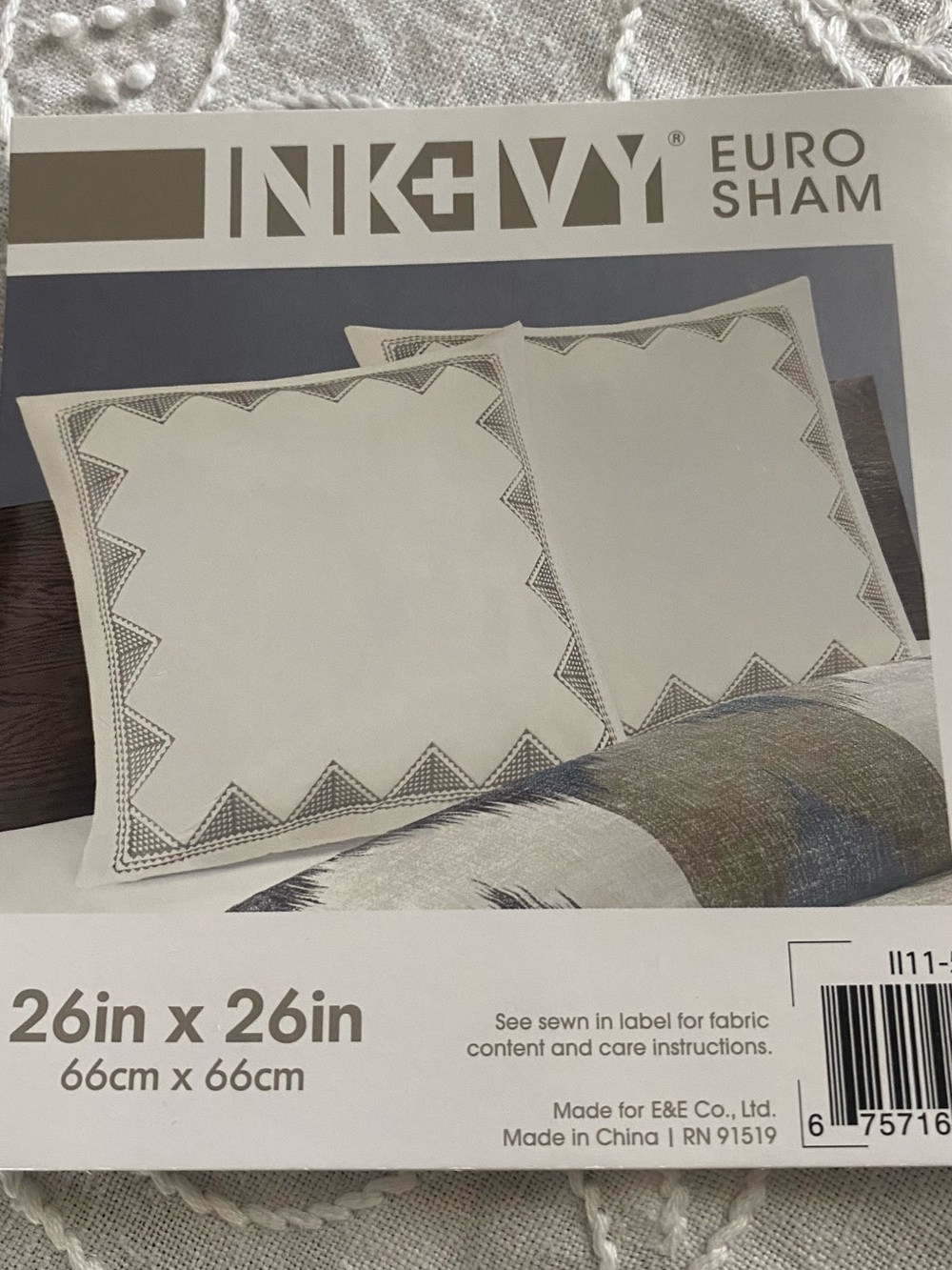 New in pkg! (2) Ink+Ivy Euro Sham - Ivory with Gray Embroidered Trim